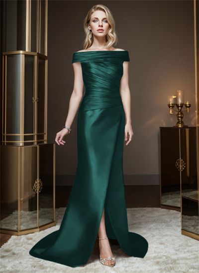 Sheath/Column Off-The-Shoulder Sleeveless Satin Bridesmaid Dresses With Ruffle