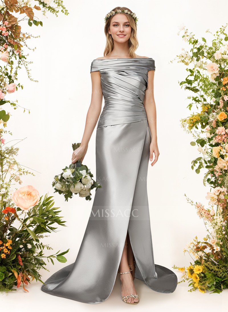 Sheath/Column Off-The-Shoulder Sleeveless Satin Bridesmaid Dresses With Ruffle