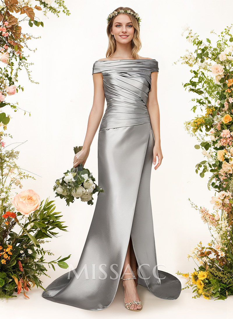 Sheath/Column Off-The-Shoulder Sleeveless Satin Bridesmaid Dresses With Ruffle Sheath/Column Off-The-Shoulder Sleeveless Satin Bridesmaid Dresses With Ruffle