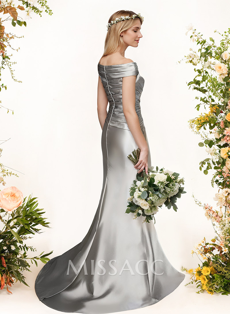 Sheath/Column Off-The-Shoulder Sleeveless Satin Bridesmaid Dresses With Ruffle Sheath/Column Off-The-Shoulder Sleeveless Satin Bridesmaid Dresses With Ruffle
