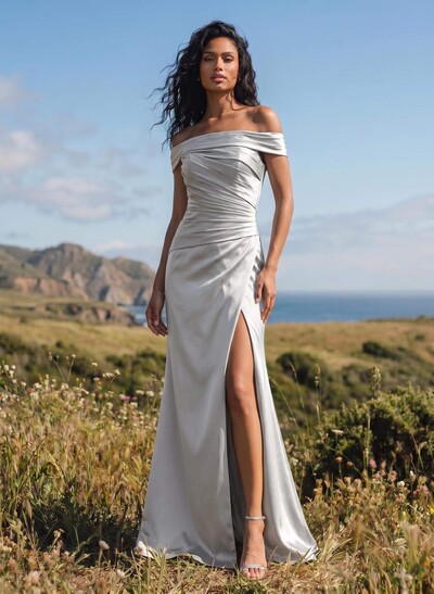 Sheath/Column Off-The-Shoulder Sleeveless Satin Bridesmaid Dresses With Ruffle