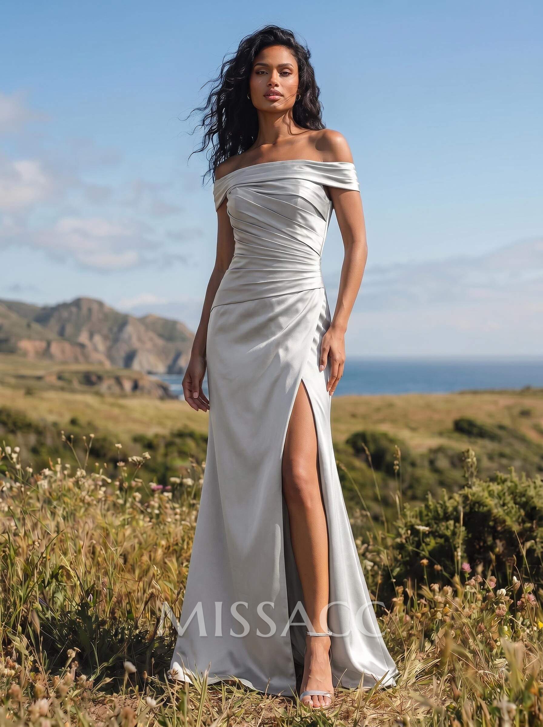 Sheath/Column Off-The-Shoulder Sleeveless Satin Bridesmaid Dresses With Ruffle Sheath/Column Off-The-Shoulder Sleeveless Satin Bridesmaid Dresses With Ruffle