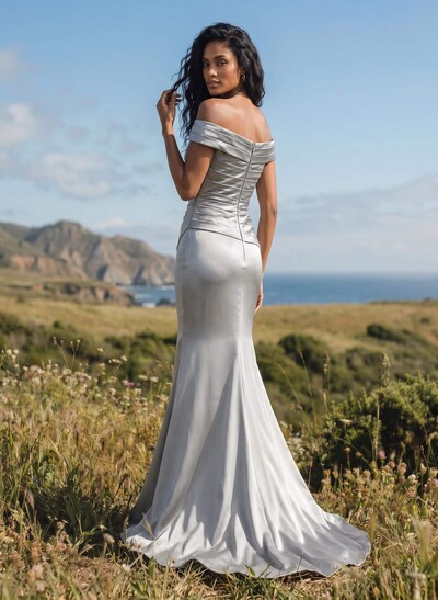 Sheath/Column Off-The-Shoulder Sleeveless Satin Bridesmaid Dresses With Ruffle