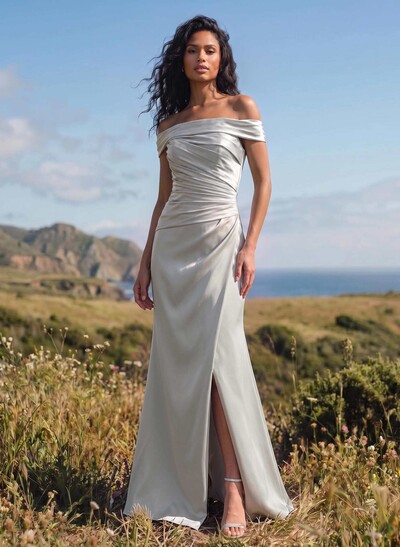 Sheath/Column Off-The-Shoulder Sleeveless Satin Bridesmaid Dresses With Ruffle