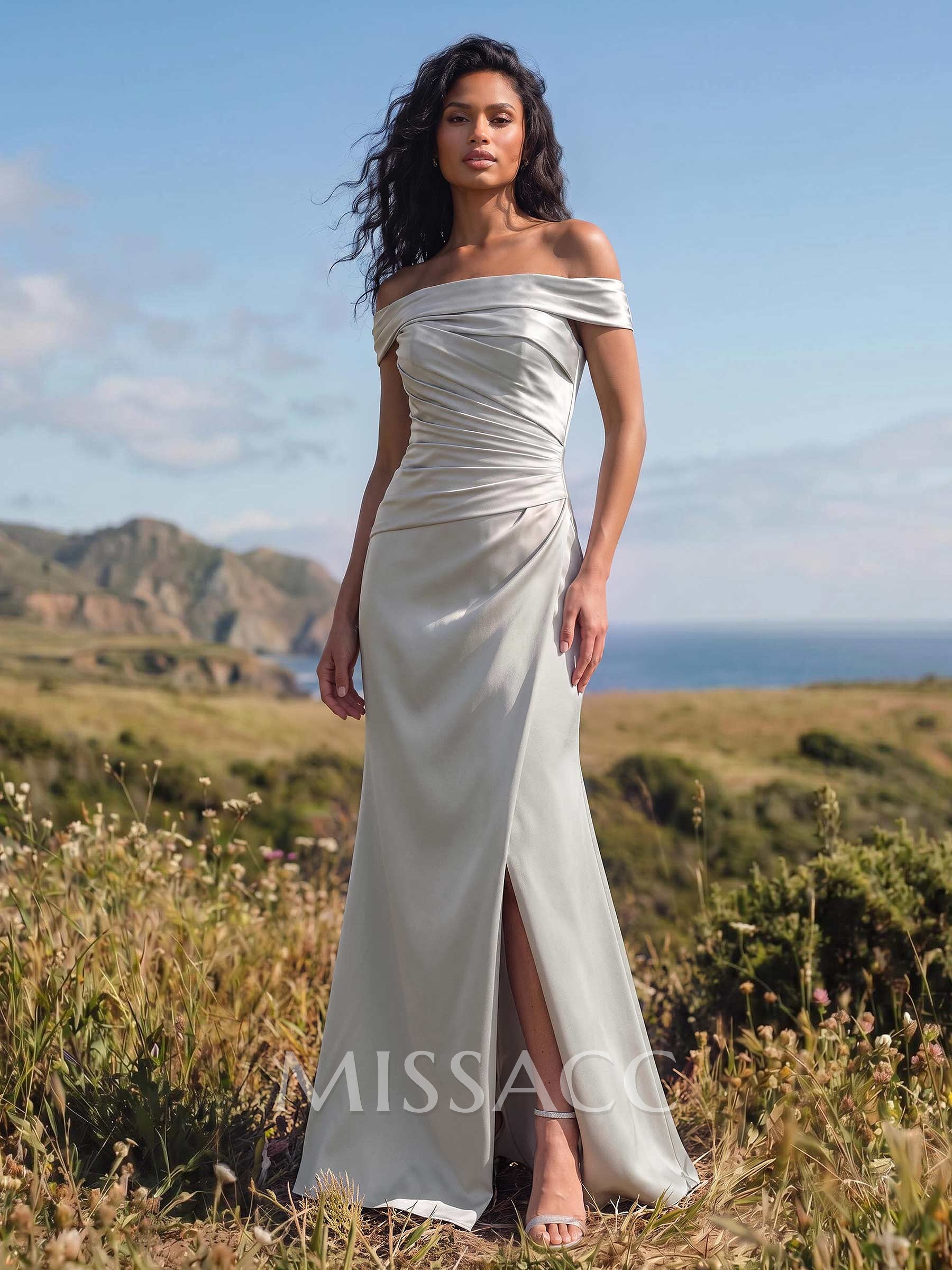 Sheath/Column Off-The-Shoulder Sleeveless Satin Bridesmaid Dresses With Ruffle