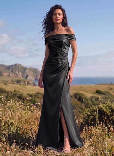 Sheath/Column Off-The-Shoulder Sleeveless Satin Bridesmaid Dresses With Ruffle
