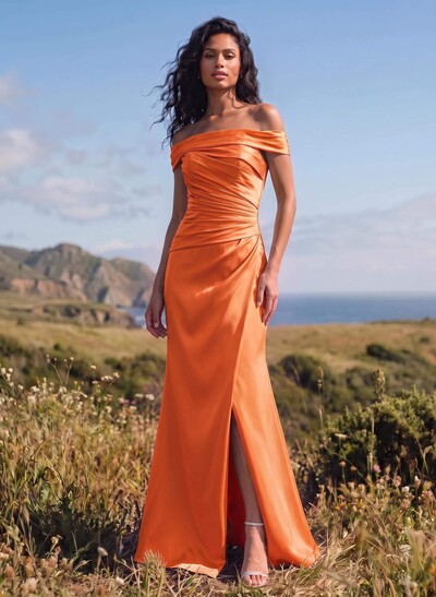 Sheath/Column Off-The-Shoulder Sleeveless Satin Bridesmaid Dresses With Ruffle