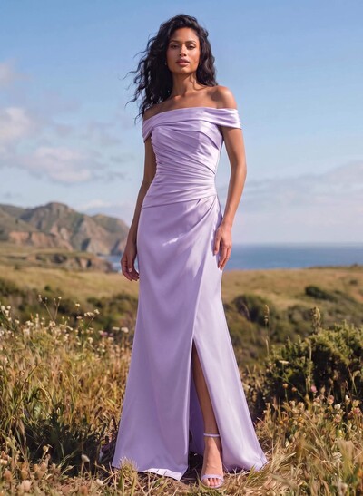 Column Off-The-Shoulder Sleeveless Satin Bridesmaid Dresses With Ruffles