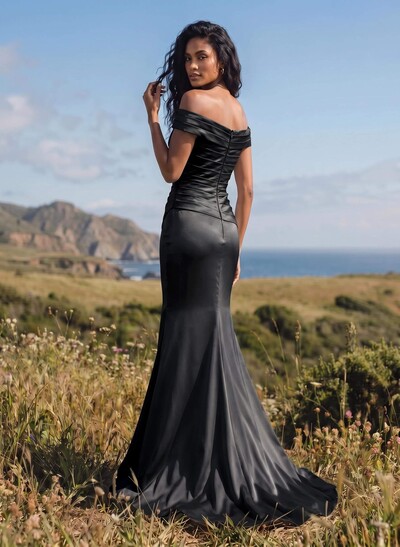Sheath/Column Off-The-Shoulder Sleeveless Satin Bridesmaid Dresses With Ruffle