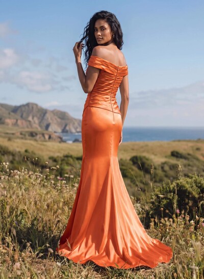 Sheath/Column Off-The-Shoulder Sleeveless Satin Bridesmaid Dresses With Ruffle