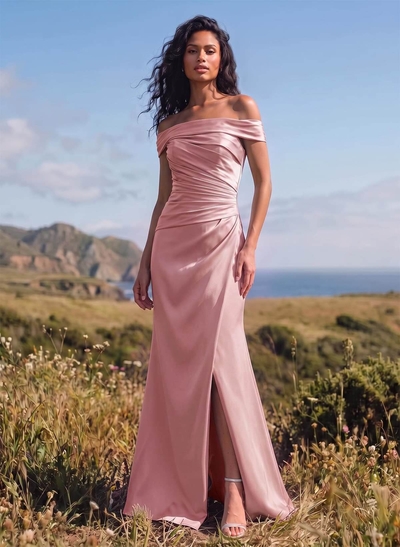 Sheath/Column Off-The-Shoulder Sleeveless Satin Bridesmaid Dresses With Ruffle