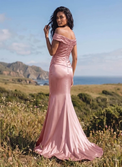 Sheath/Column Off-The-Shoulder Sleeveless Satin Bridesmaid Dresses With Ruffle