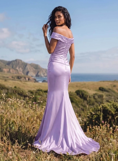 Column Off-The-Shoulder Sleeveless Satin Bridesmaid Dresses With Ruffles