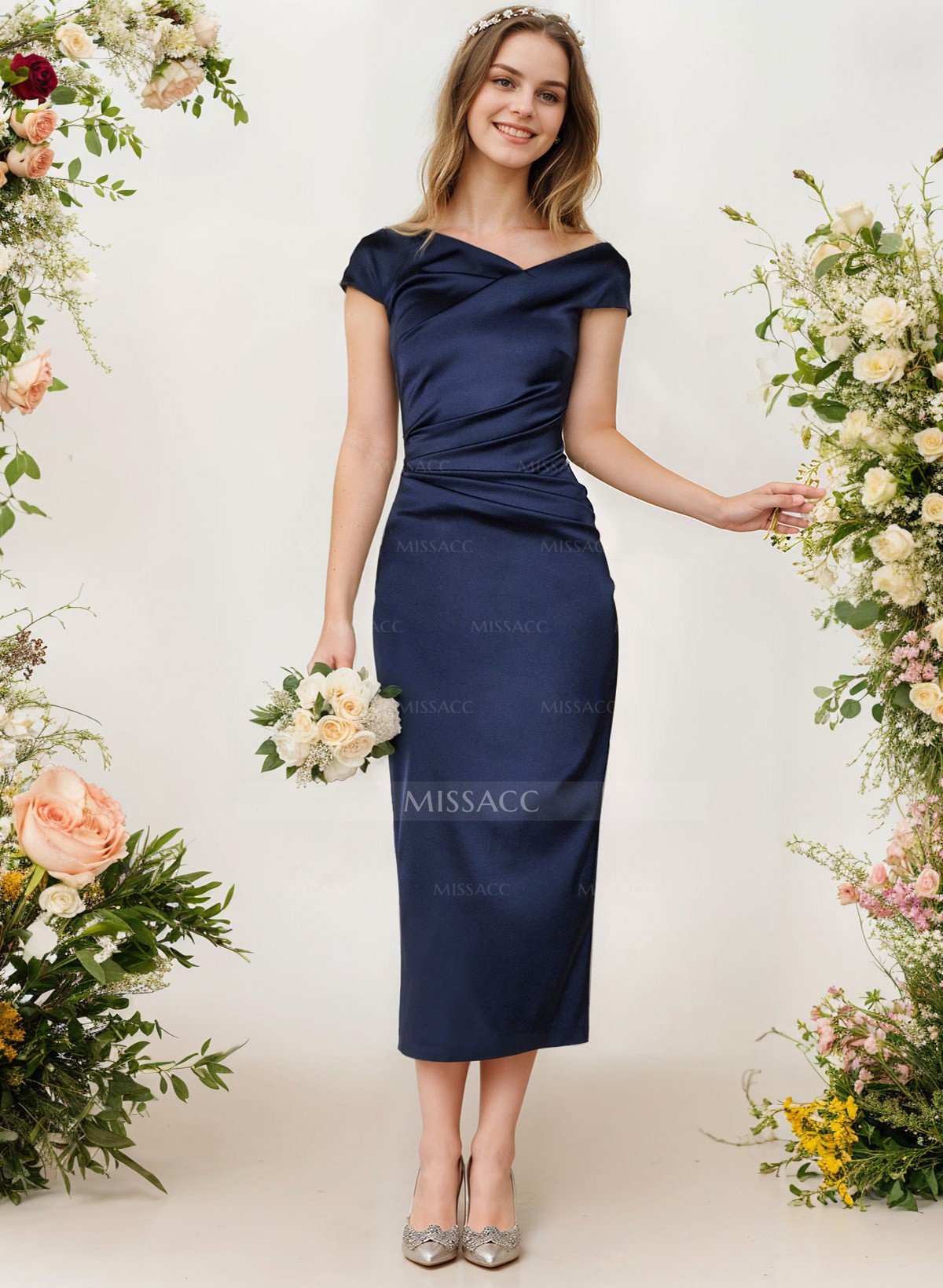 Sheath/Column Cowl Neck Short Sleeves Tea-Length Charmeuse Bridesmaid Dresses