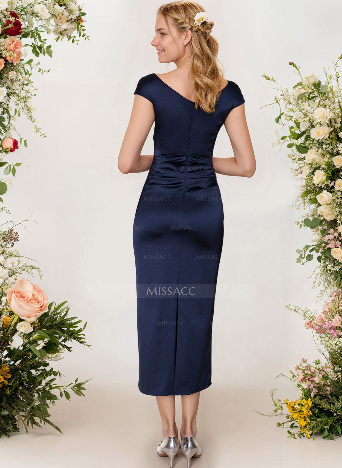 Sheath/Column Cowl Neck Short Sleeves Tea-Length Charmeuse Bridesmaid Dresses