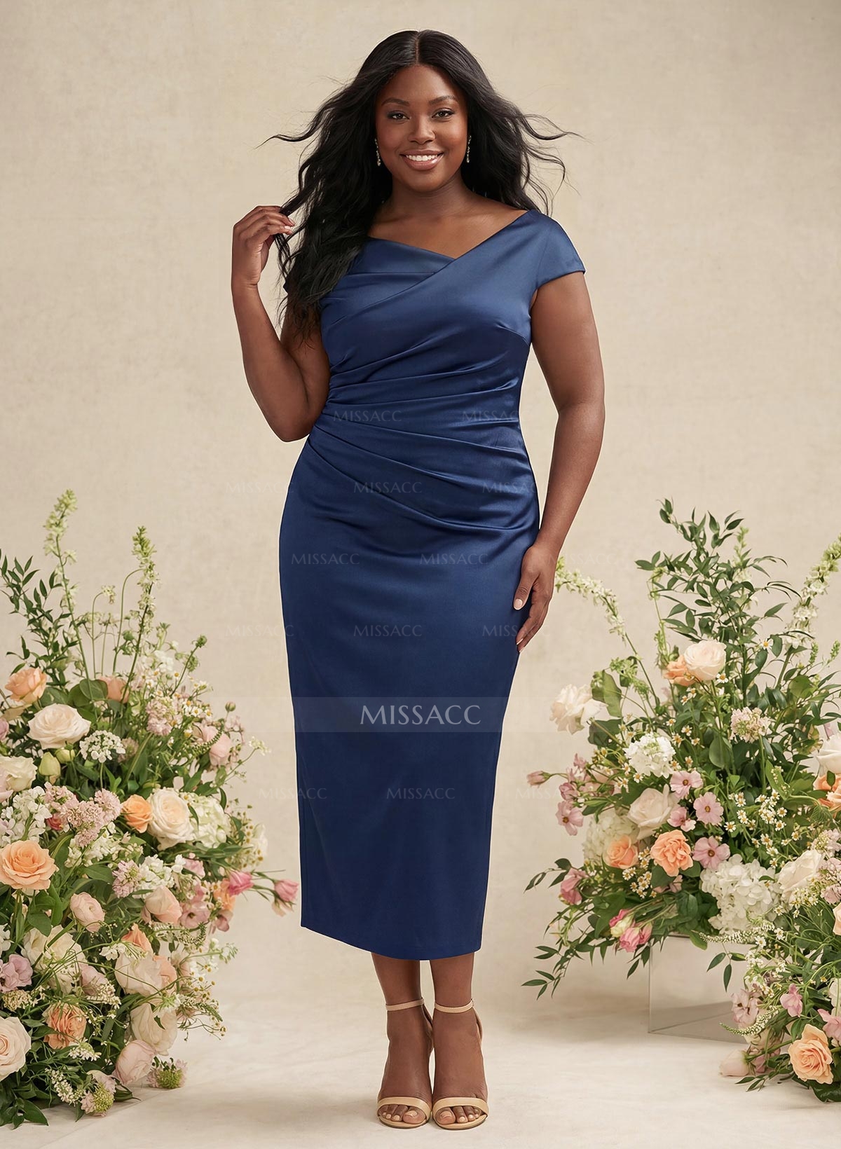 Sheath/Column Cowl Neck Short Sleeves Tea-Length Charmeuse Bridesmaid Dresses