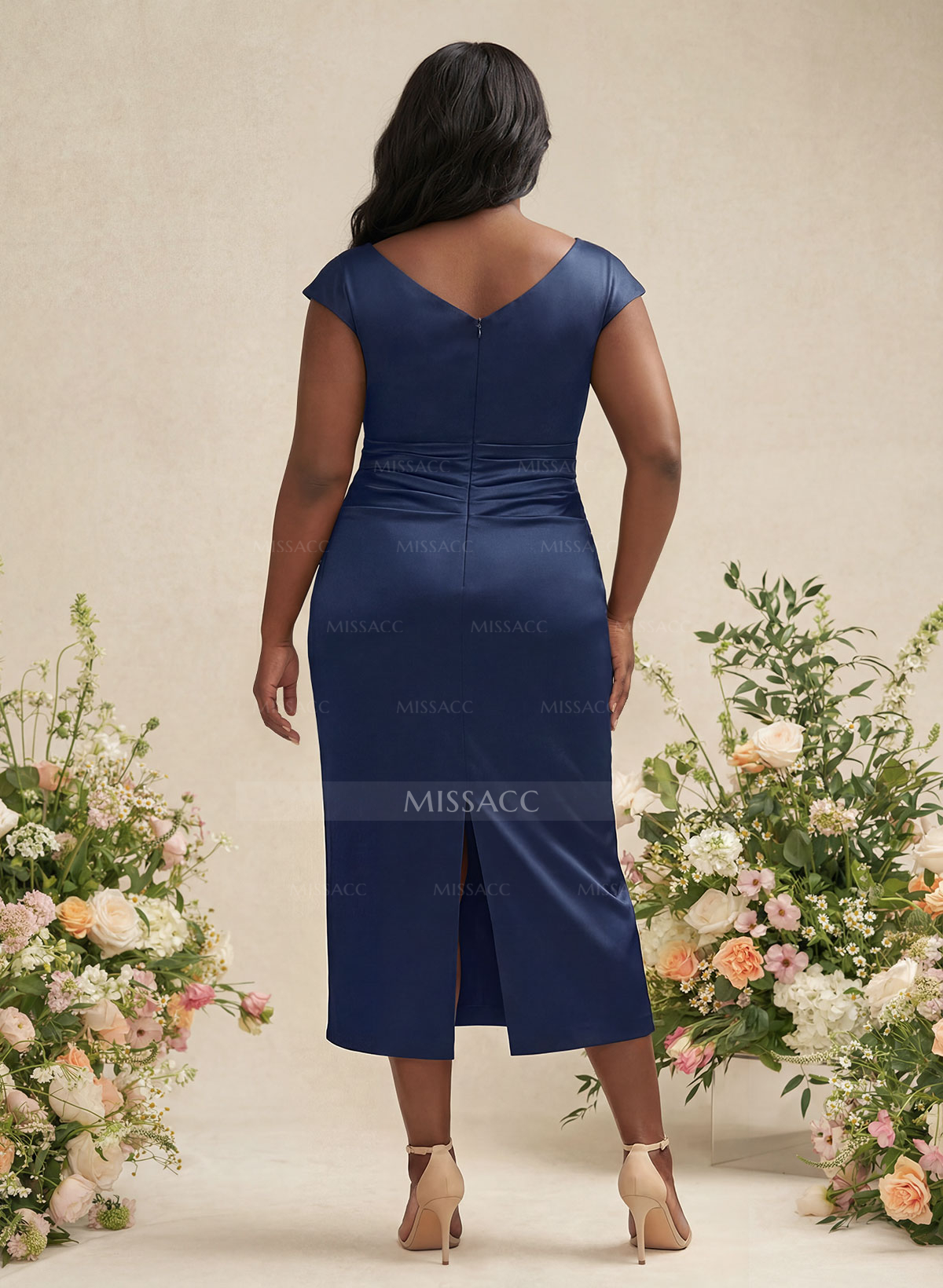 Sheath/Column Cowl Neck Short Sleeves Tea-Length Charmeuse Bridesmaid Dresses