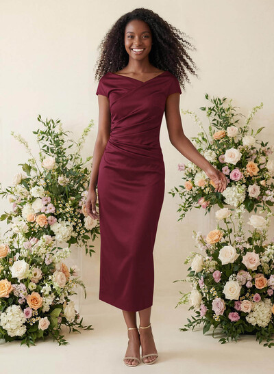 Sheath/Column Cowl Neck Short Sleeves Tea-Length Charmeuse Bridesmaid Dresses