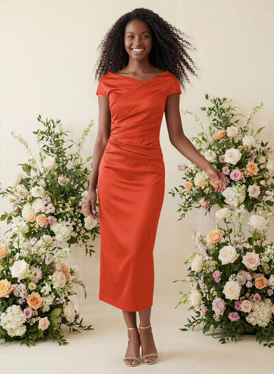 Sheath/Column Cowl Neck Short Sleeves Tea-Length Charmeuse Bridesmaid Dresses