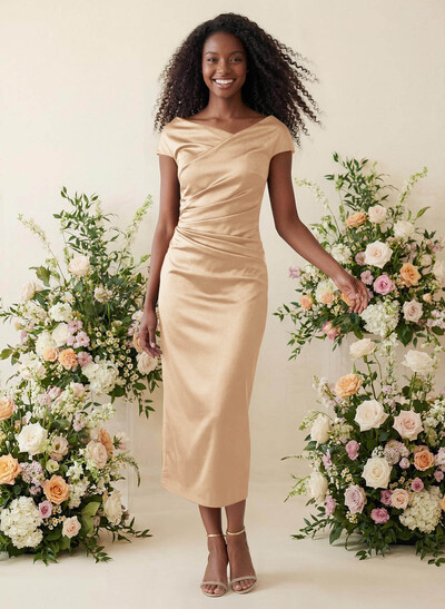 Sheath/Column Cowl Neck Short Sleeves Tea-Length Charmeuse Bridesmaid Dresses