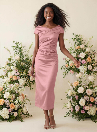 Sheath/Column Cowl Neck Short Sleeves Tea-Length Charmeuse Bridesmaid Dresses