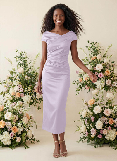 Sheath/Column Cowl Neck Short Sleeves Tea-Length Charmeuse Bridesmaid Dresses