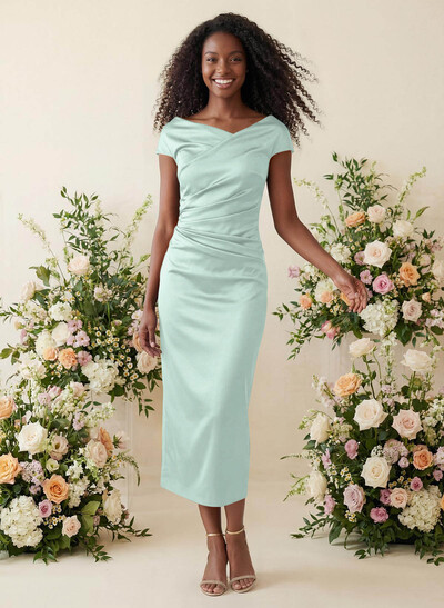 Sheath/Column Cowl Neck Short Sleeves Tea-Length Charmeuse Bridesmaid Dresses