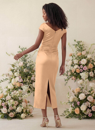 Sheath/Column Cowl Neck Short Sleeves Tea-Length Charmeuse Bridesmaid Dresses