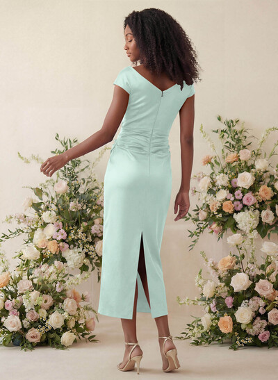 Sheath/Column Cowl Neck Short Sleeves Tea-Length Charmeuse Bridesmaid Dresses