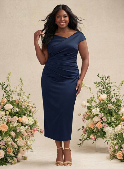 Sheath/Column Cowl Neck Short Sleeves Tea-Length Charmeuse Bridesmaid Dresses