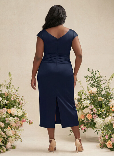 Sheath/Column Cowl Neck Short Sleeves Tea-Length Charmeuse Bridesmaid Dresses