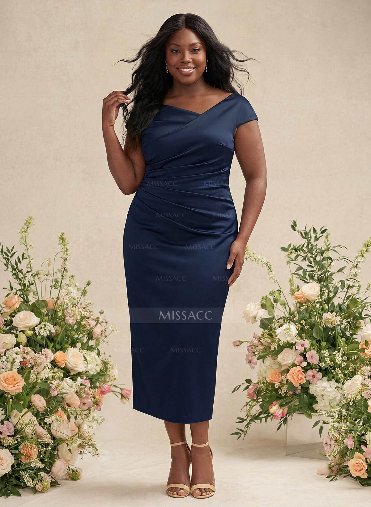 Sheath/Column Cowl Neck Short Sleeves Tea-Length Charmeuse Bridesmaid Dresses