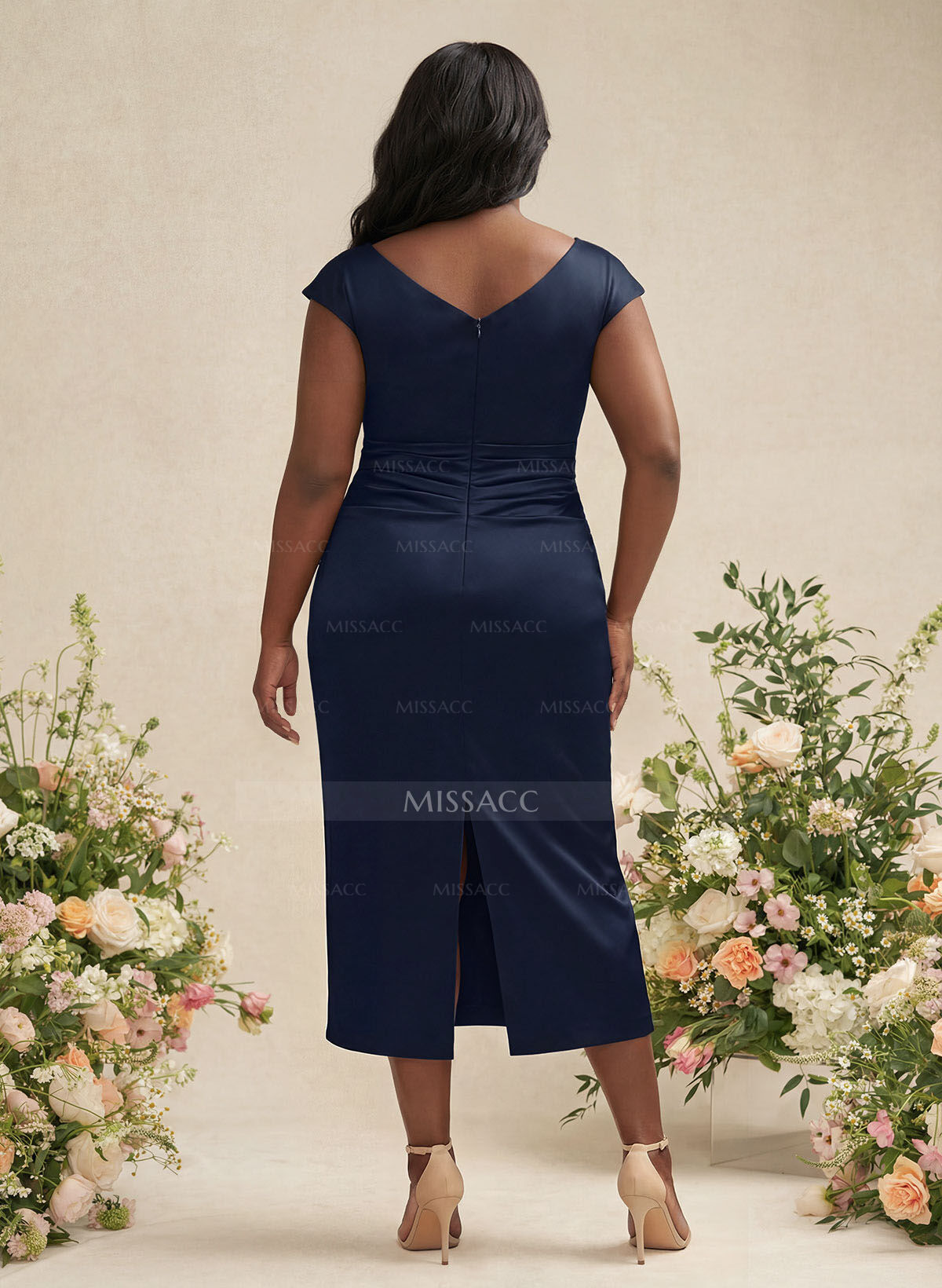 Sheath/Column Cowl Neck Short Sleeves Tea-Length Charmeuse Bridesmaid Dresses