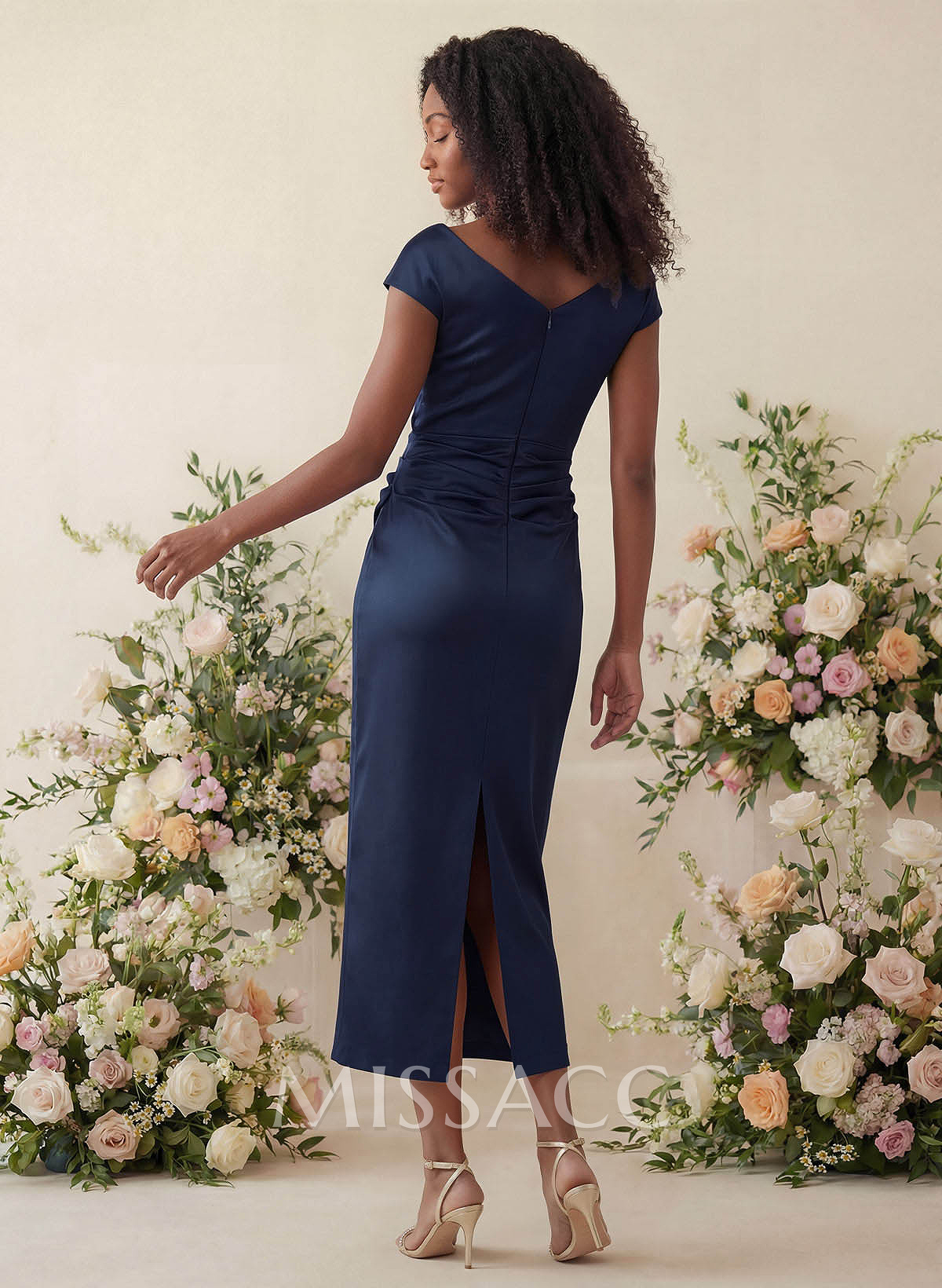 Sheath/Column Cowl Neck Short Sleeves Tea-Length Charmeuse Bridesmaid Dresses Sheath/Column Cowl Neck Short Sleeves Tea-Length Charmeuse Bridesmaid Dresses