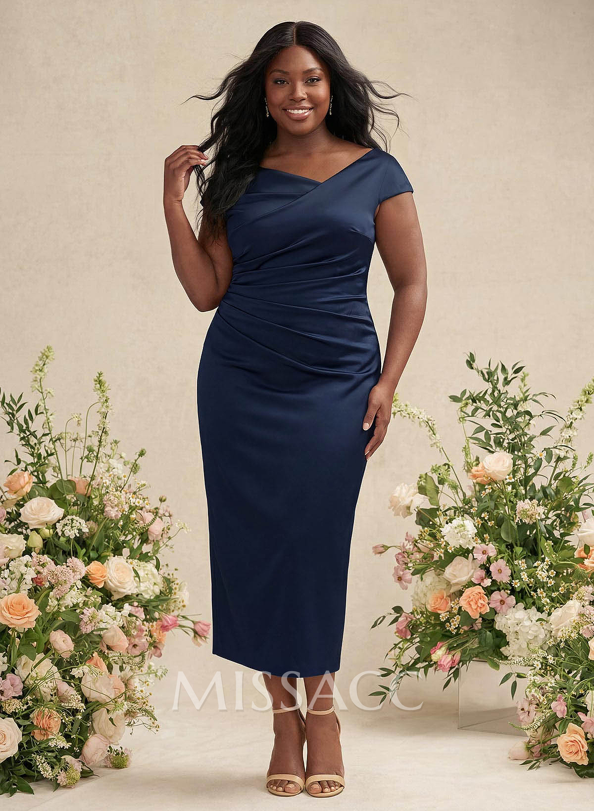 Sheath/Column Cowl Neck Short Sleeves Tea-Length Charmeuse Bridesmaid Dresses Sheath/Column Cowl Neck Short Sleeves Tea-Length Charmeuse Bridesmaid Dresses