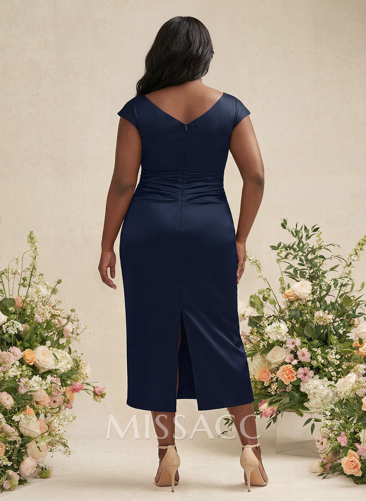 Sheath/Column Cowl Neck Short Sleeves Tea-Length Charmeuse Bridesmaid Dresses Sheath/Column Cowl Neck Short Sleeves Tea-Length Charmeuse Bridesmaid Dresses
