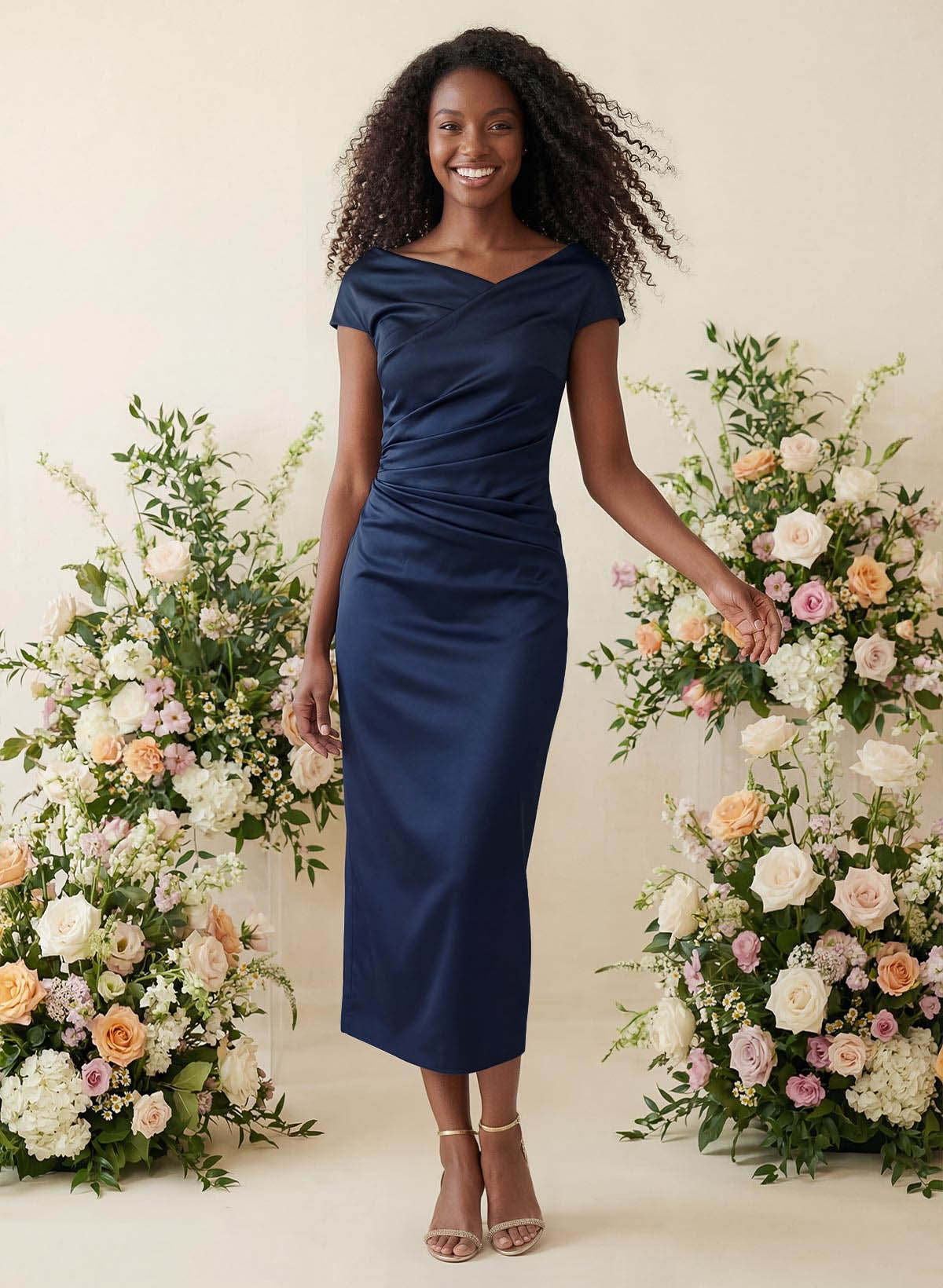 Sheath/Column Cowl Neck Short Sleeves Tea-Length Charmeuse Bridesmaid Dresses