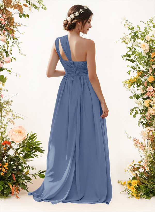 A-Line One-Shoulder Sleeveless Floor-Length Chiffon Bridesmaid Dresses ...