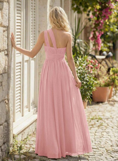 A-Line One-Shoulder Sleeveless Floor-Length Chiffon Bridesmaid Dresses