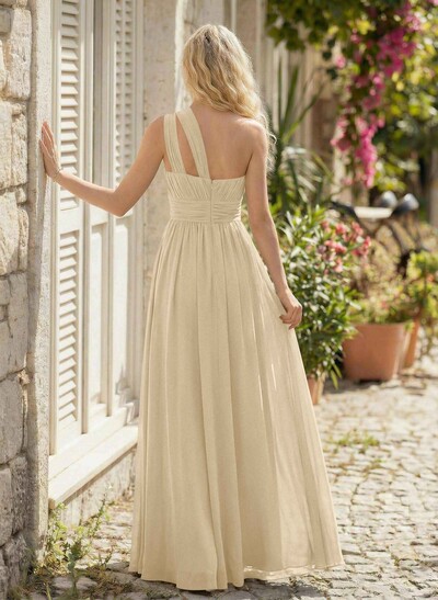 A-Line One-Shoulder Sleeveless Floor-Length Chiffon Bridesmaid Dresses