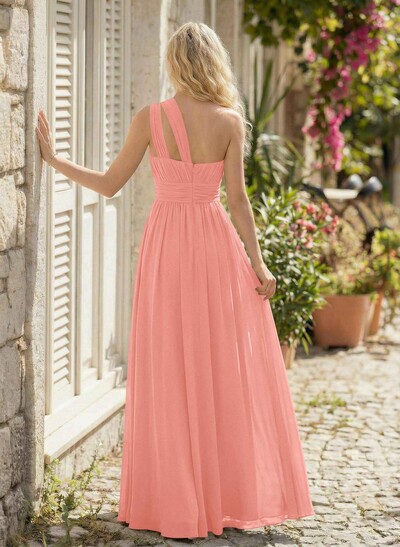 A-Line One-Shoulder Sleeveless Floor-Length Chiffon Bridesmaid Dresses