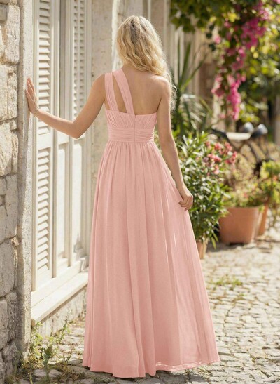 A-Line One-Shoulder Sleeveless Floor-Length Chiffon Bridesmaid Dresses
