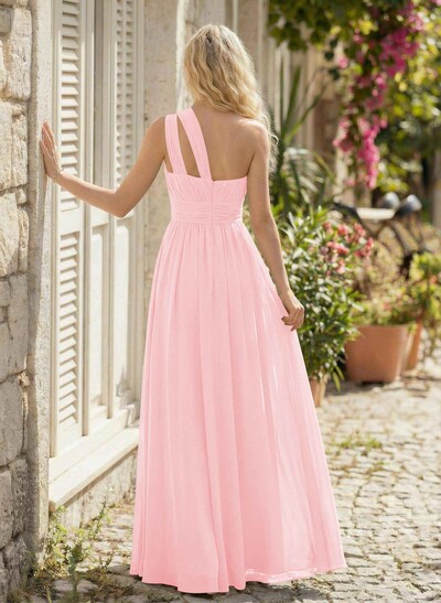 A-Line One-Shoulder Sleeveless Floor-Length Chiffon Bridesmaid Dresses