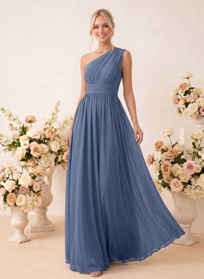 A-Line One-Shoulder Sleeveless Floor-Length Chiffon Bridesmaid Dresses