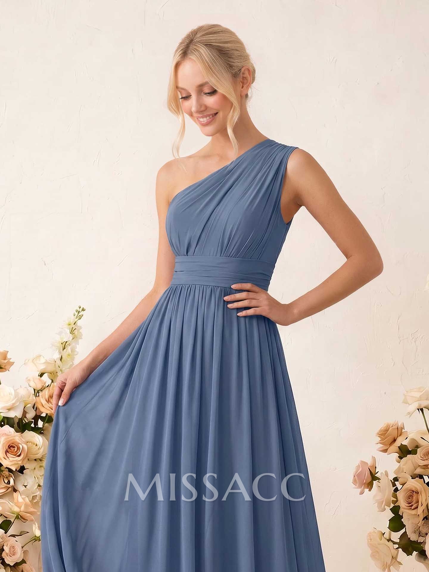 A-Line One-Shoulder Sleeveless Floor-Length Chiffon Bridesmaid Dresses A-Line One-Shoulder Sleeveless Floor-Length Chiffon Bridesmaid Dresses