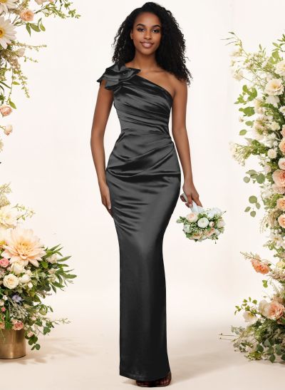 Sheath/Column One-Shoulder Silk Like Satin Bridesmaid Dresses With Ruffle