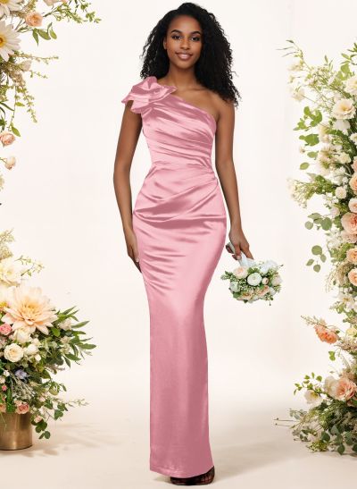 Sheath/Column One-Shoulder Silk Like Satin Bridesmaid Dresses With Ruffle