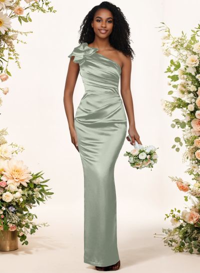 Sheath/Column One-Shoulder Silk Like Satin Bridesmaid Dresses With Ruffle