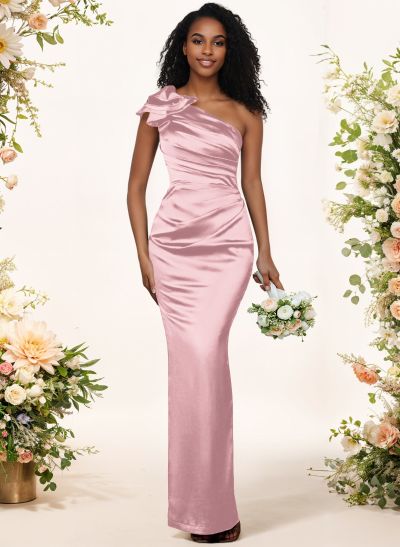 Sheath/Column One-Shoulder Silk Like Satin Bridesmaid Dresses With Ruffle