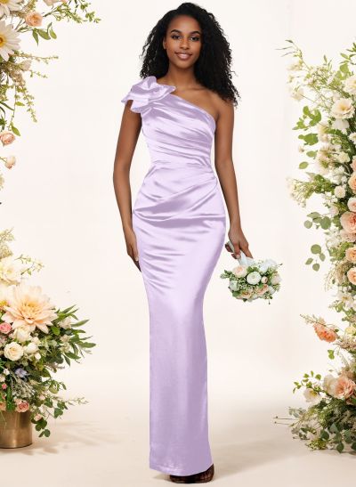 Sheath/Column One-Shoulder Silk Like Satin Bridesmaid Dresses With Ruffle